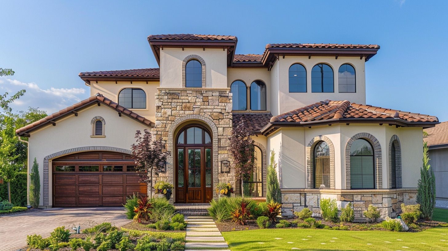 A worker on a ladder uses a paint sprayer to apply dark gray paint to the exterior of a house.
