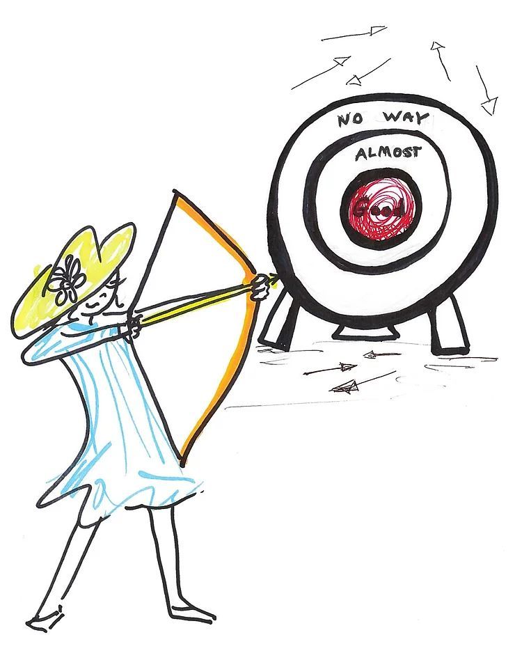 Drawing of a woman in a hat pointing a bow and arrow at a bulls eye target