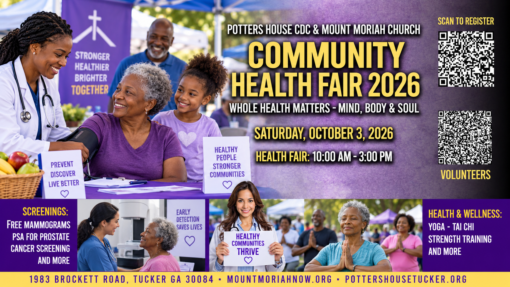 Community Health Fair 2026 flyer with free screenings and wellness activities, October 3, 10 a.m.–3 p.m., Tucker.