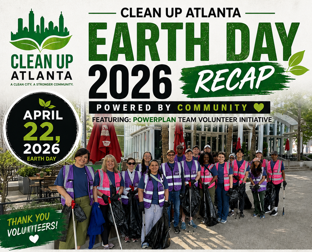 Clean Up Atlanta Earth Day 2026 recap poster with volunteers posing outdoors and event text