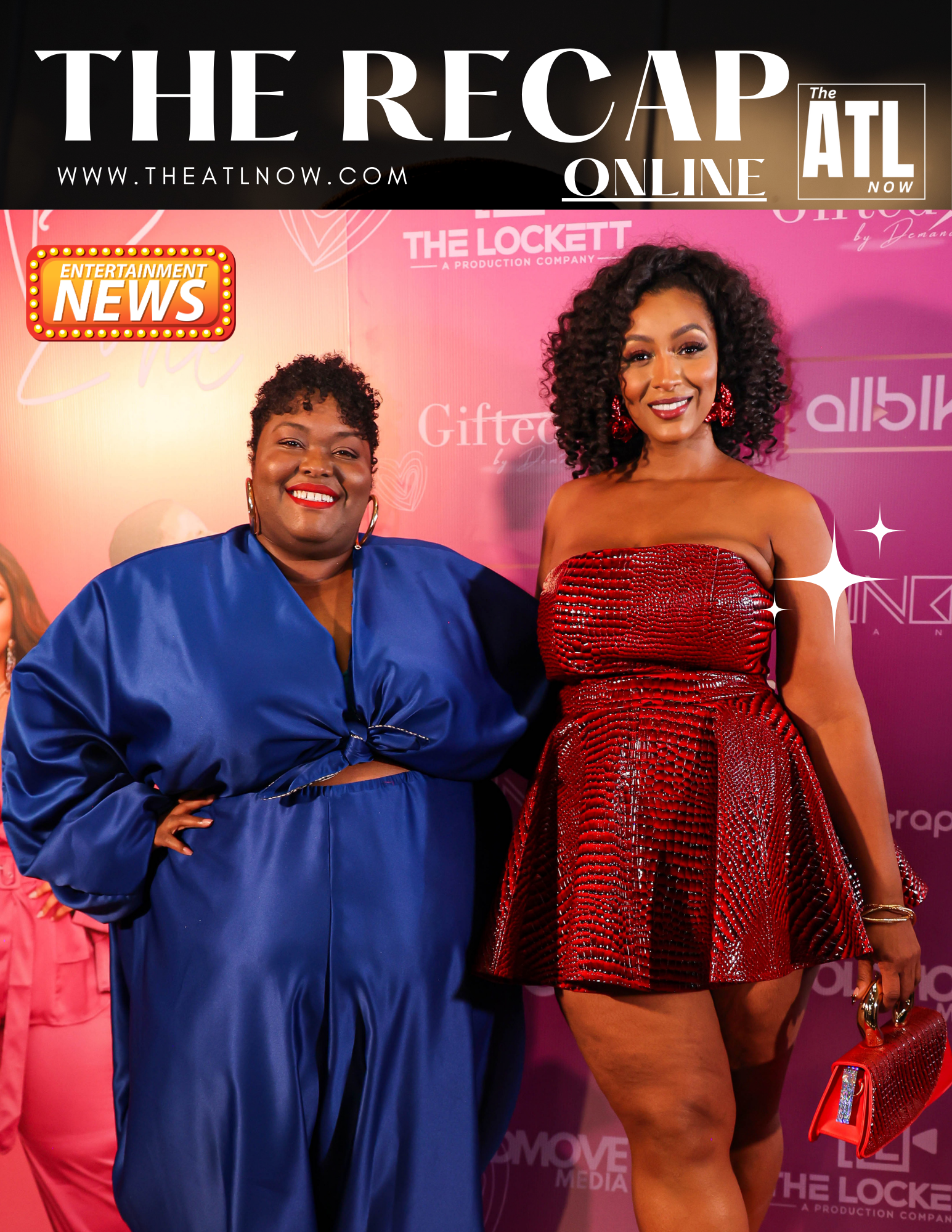 Two women pose on a red carpet at The Recap ATL event, one in a blue gown and one in a red sequined dress