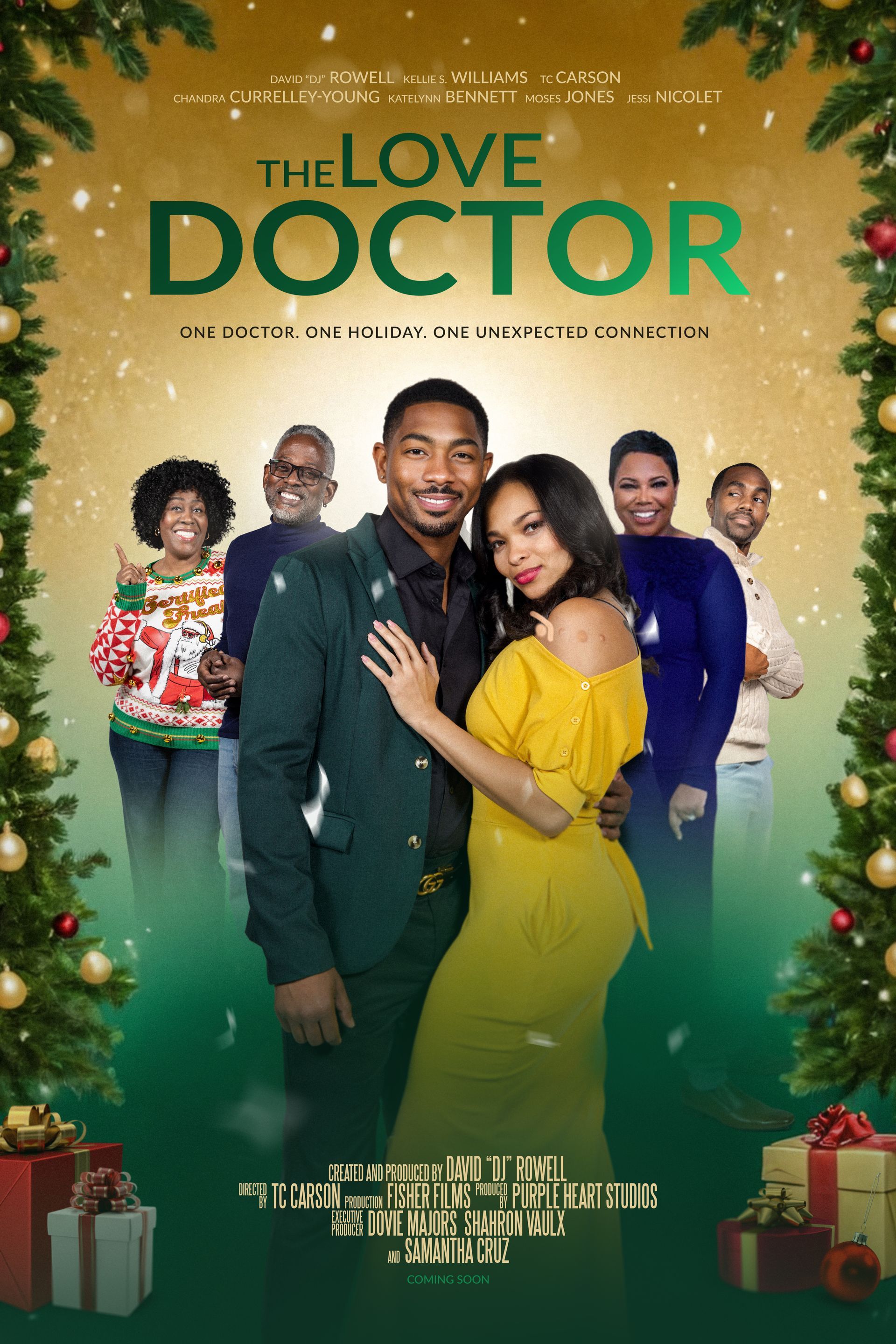 Movie poster: couple embraces, surrounded by family, Christmas theme.