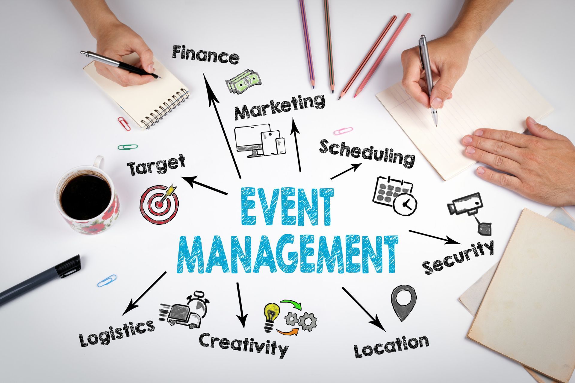 Hands planning event details with notes around