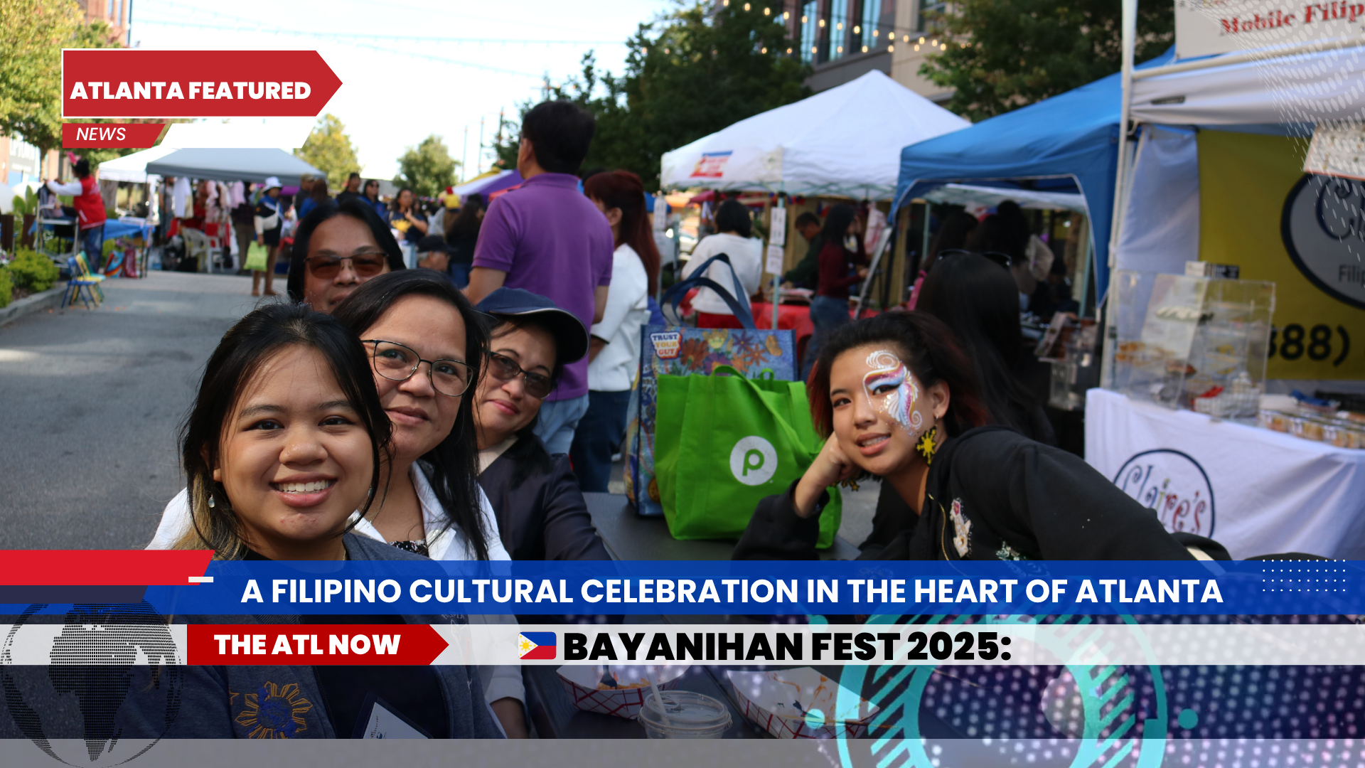 People posing at an outdoor cultural festival with tents and a banner reading “BAYANIHAN FEST 2025”