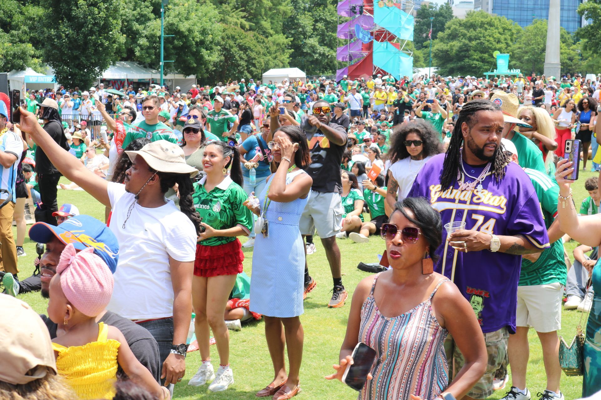 Crowd dancing and cheering at an outdoor festival in a park, with colorful costumes and flags