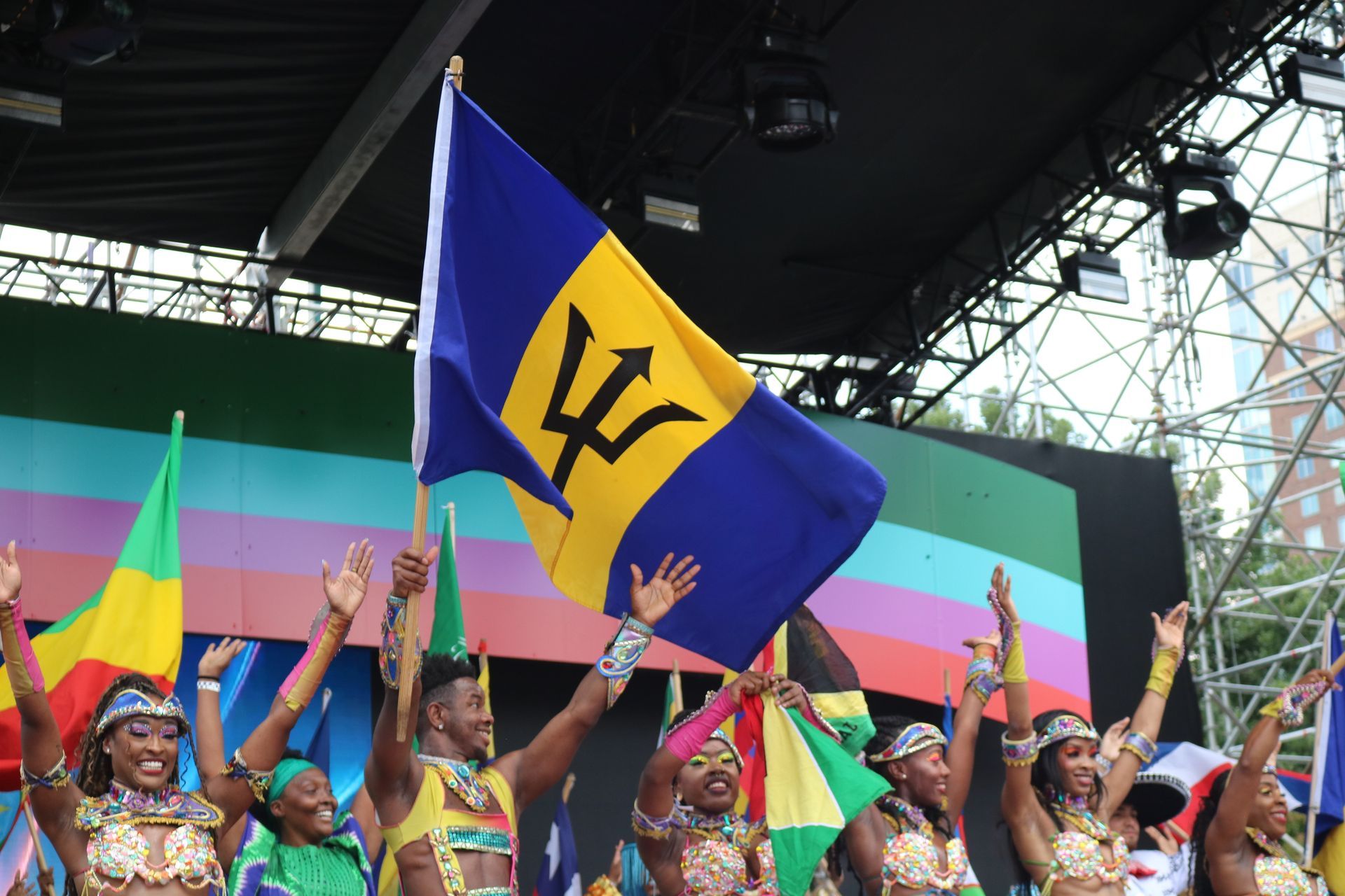 Crowd waving blue-yellow-black flags at an outdoor stage event