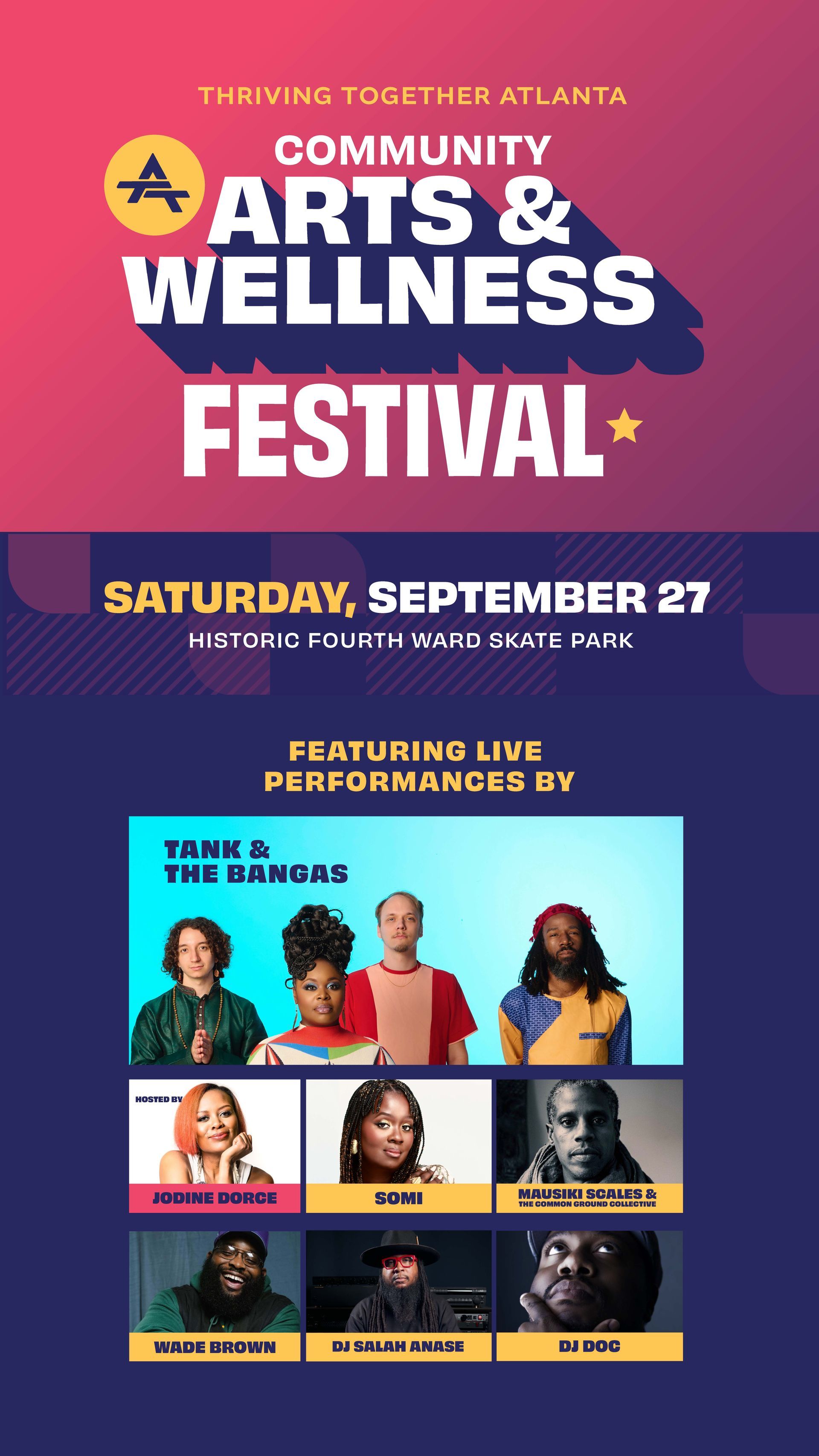 Festival poster: Community Arts & Wellness Festival. Featuring live performances, Saturday, September 27.