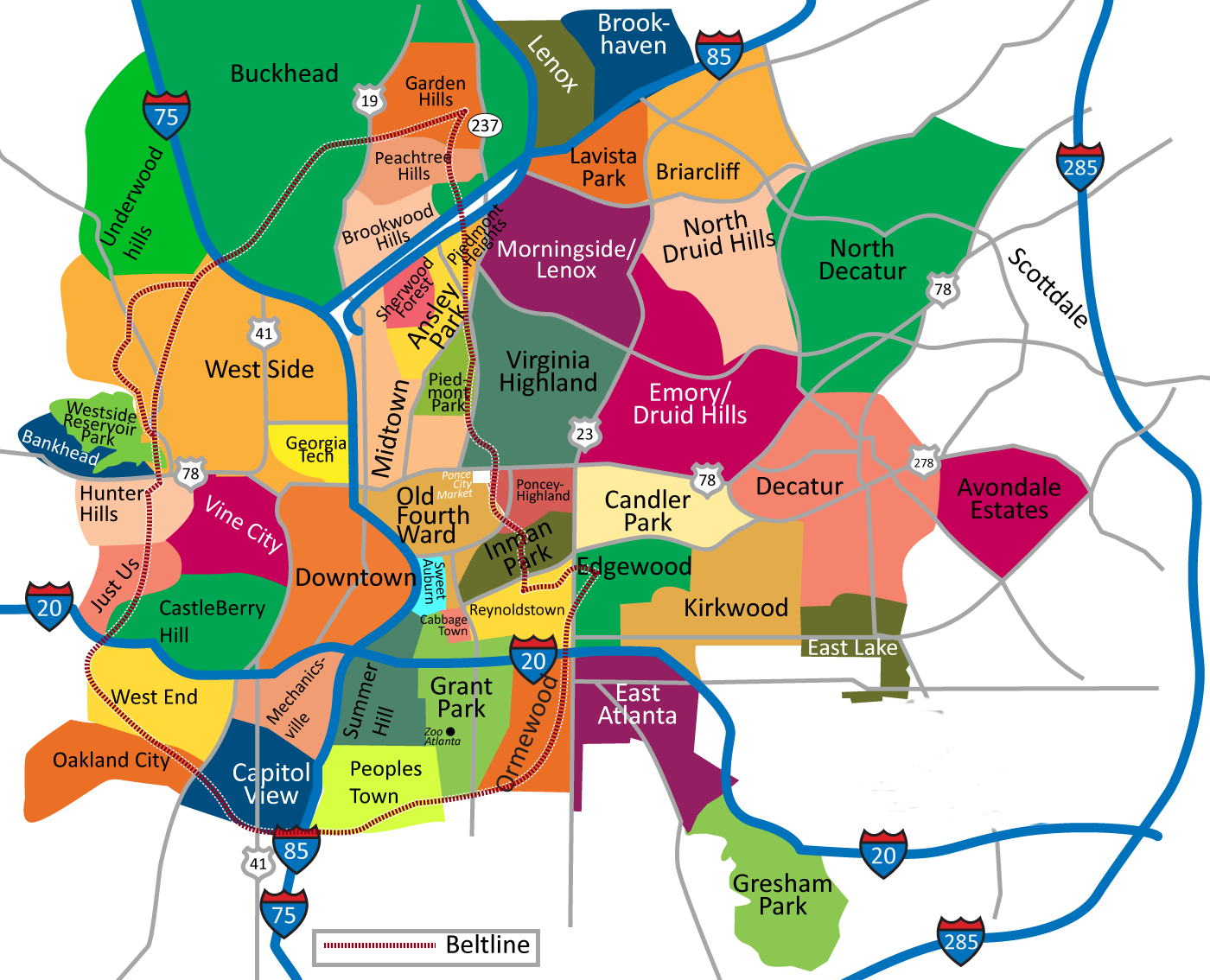 Map of Atlanta, Georgia, showing colored neighborhood outlines, major roads, and names.