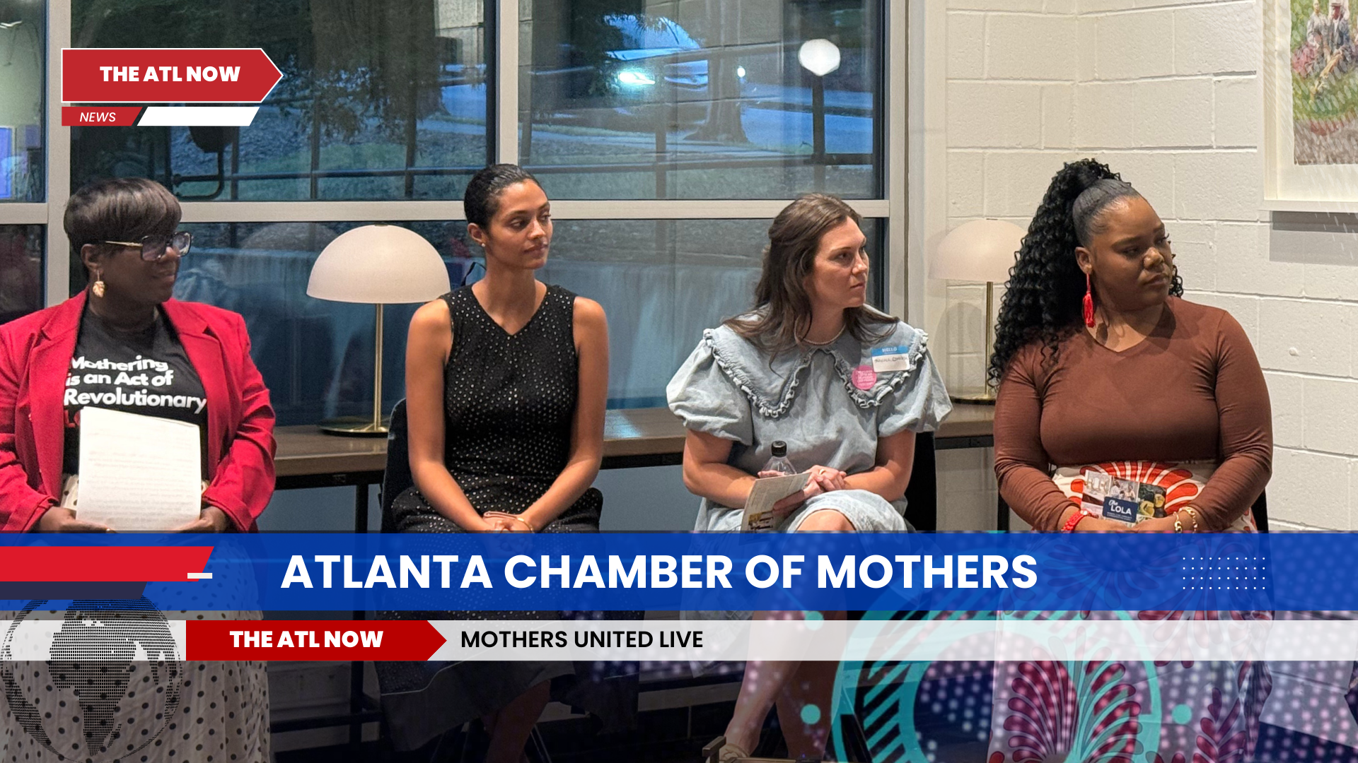 Panel discussion: four women at the Atlanta Chamber of Mothers event. They are seated in front of a window.