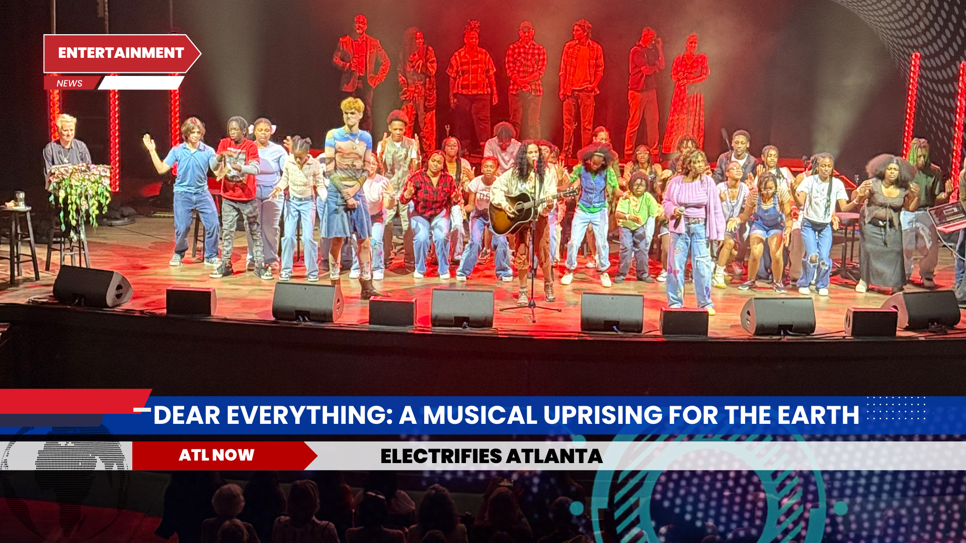 Musical performance on stage with a large ensemble wearing denim. Red stage lighting.