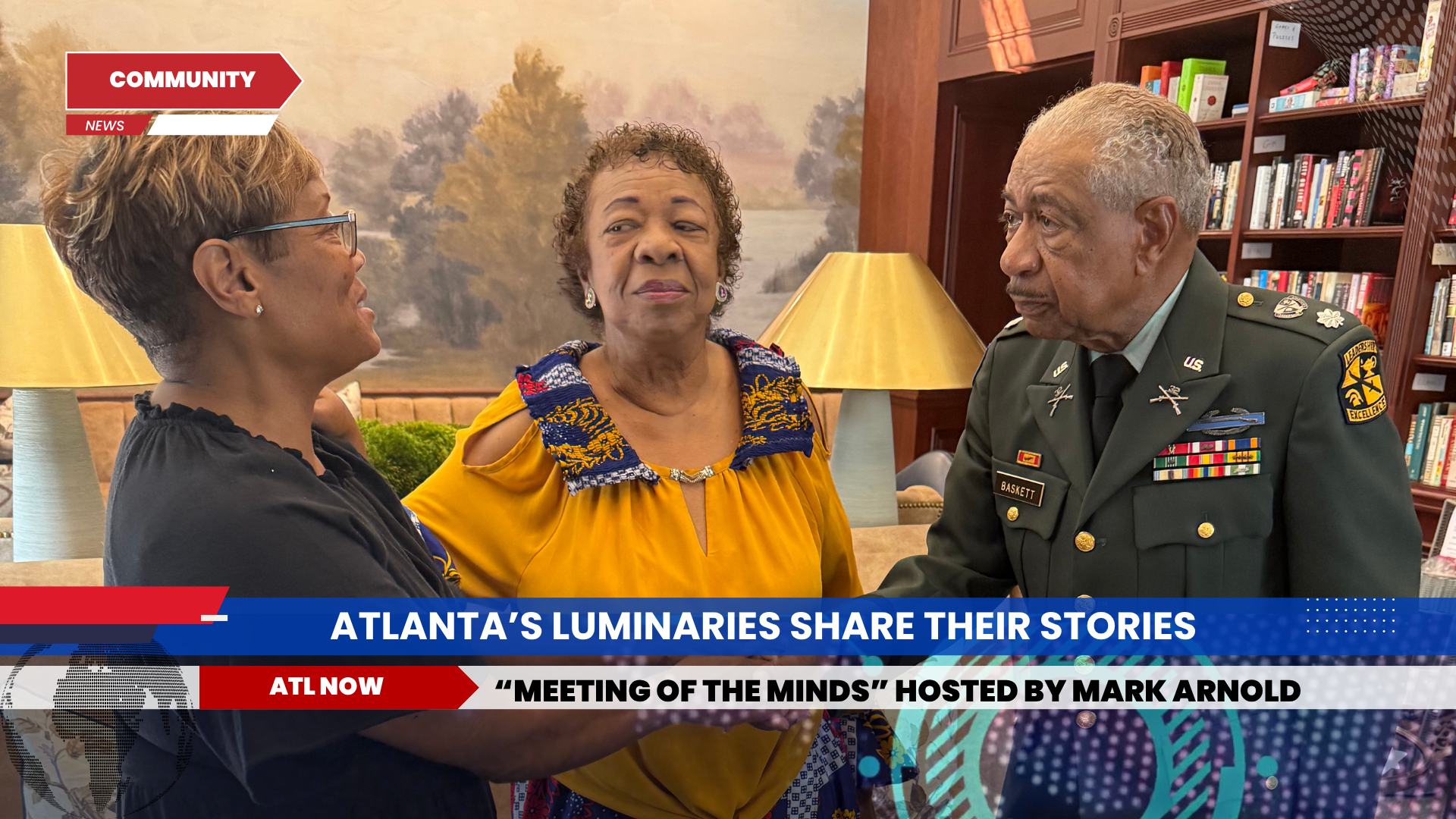 Three people in a library, one in a military uniform, others smiling, text reads