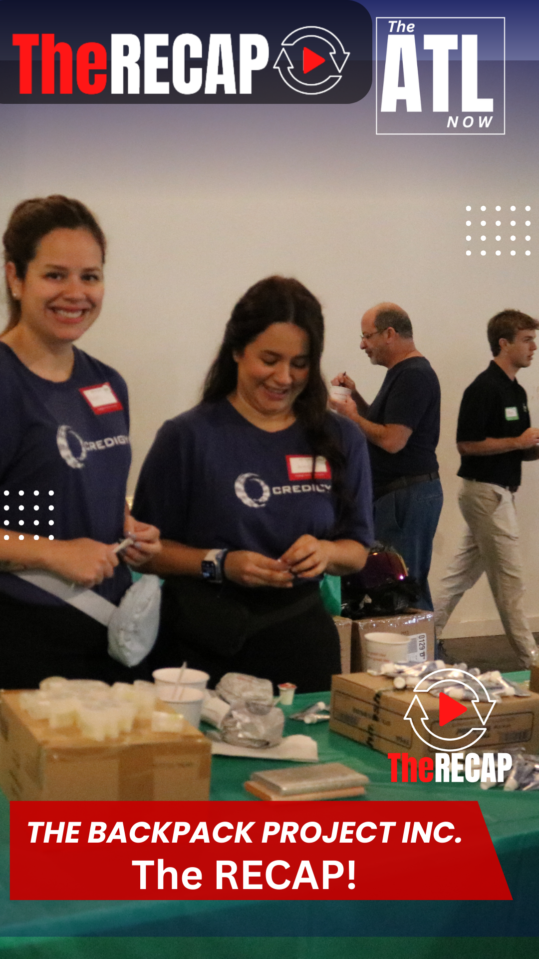 Volunteers serving food at The RECAP ATL Backpack Project event with branded table displays.