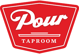 Red logo for Pour Taproom with white text and a stylized shield outline.