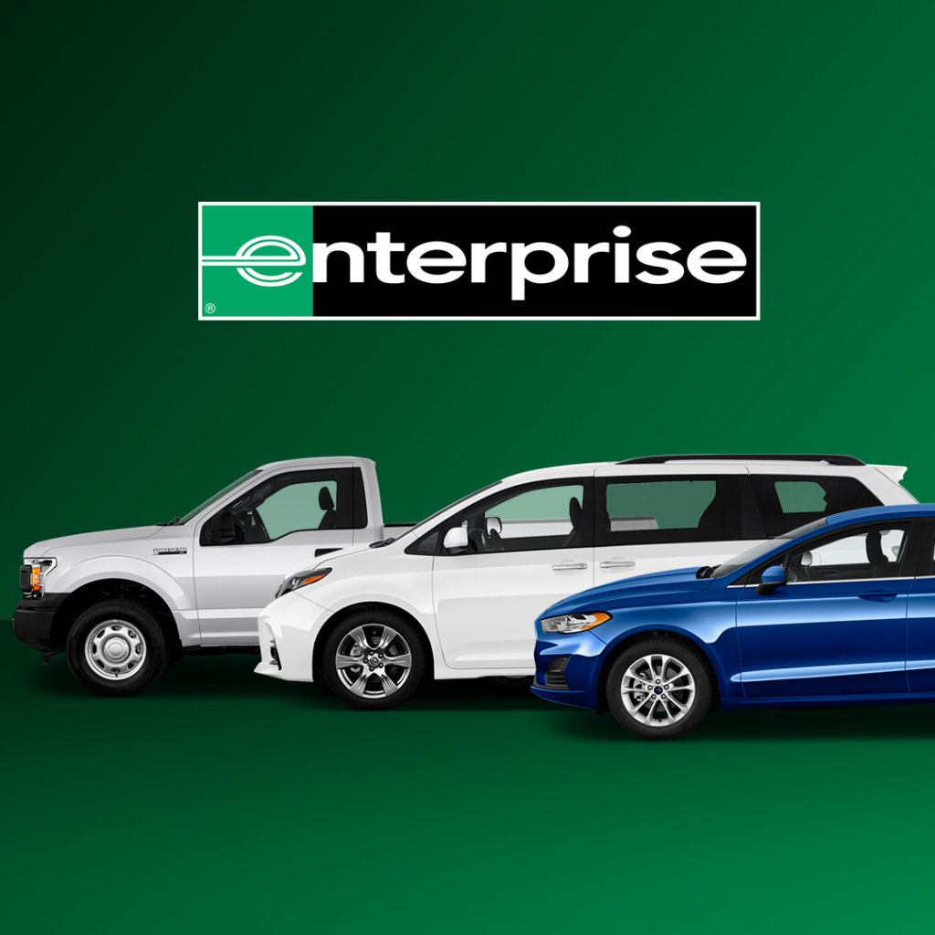 Enterprise logo above three cars: white pickup truck, white minivan, blue sedan on green background.