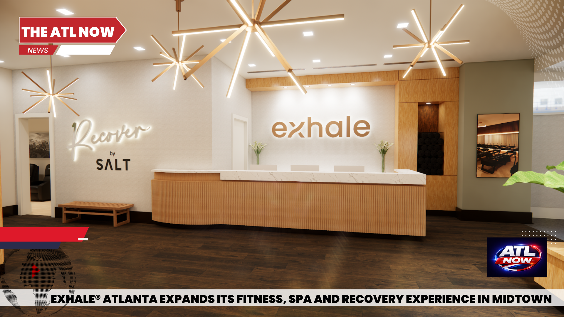 Bright spa reception with wood desk, white walls, and “exhale” sign under hanging starburst lights