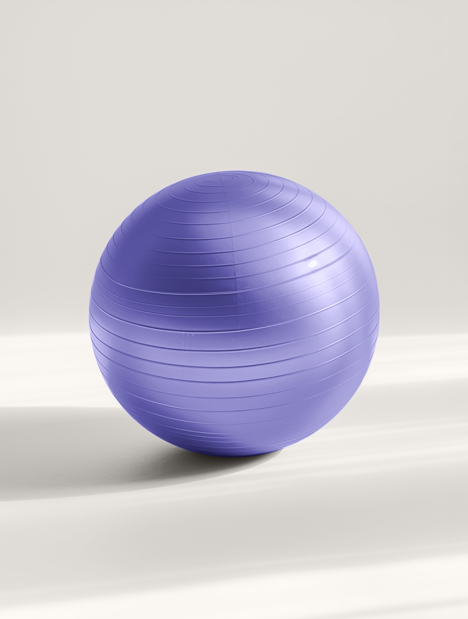 Glossy orange striped sphere floating on a light beige background