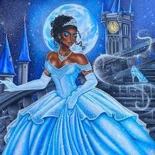 Blue ballgown princess on moonlit castle steps with a glass slipper and clock tower in the background