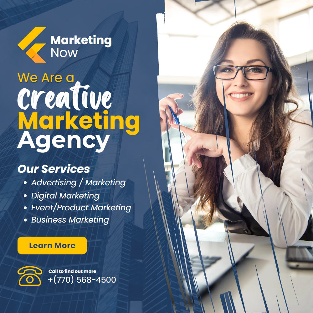 Marketing agency advertisement. Smiling woman with glasses. Agency services listed, "Learn More" button, phone number.