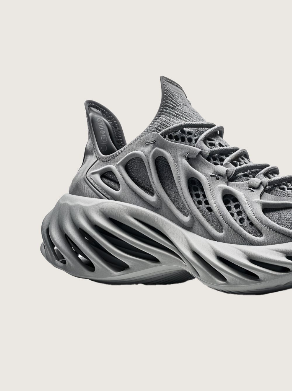 Gray athletic sneaker with a black wavy sole on a light background