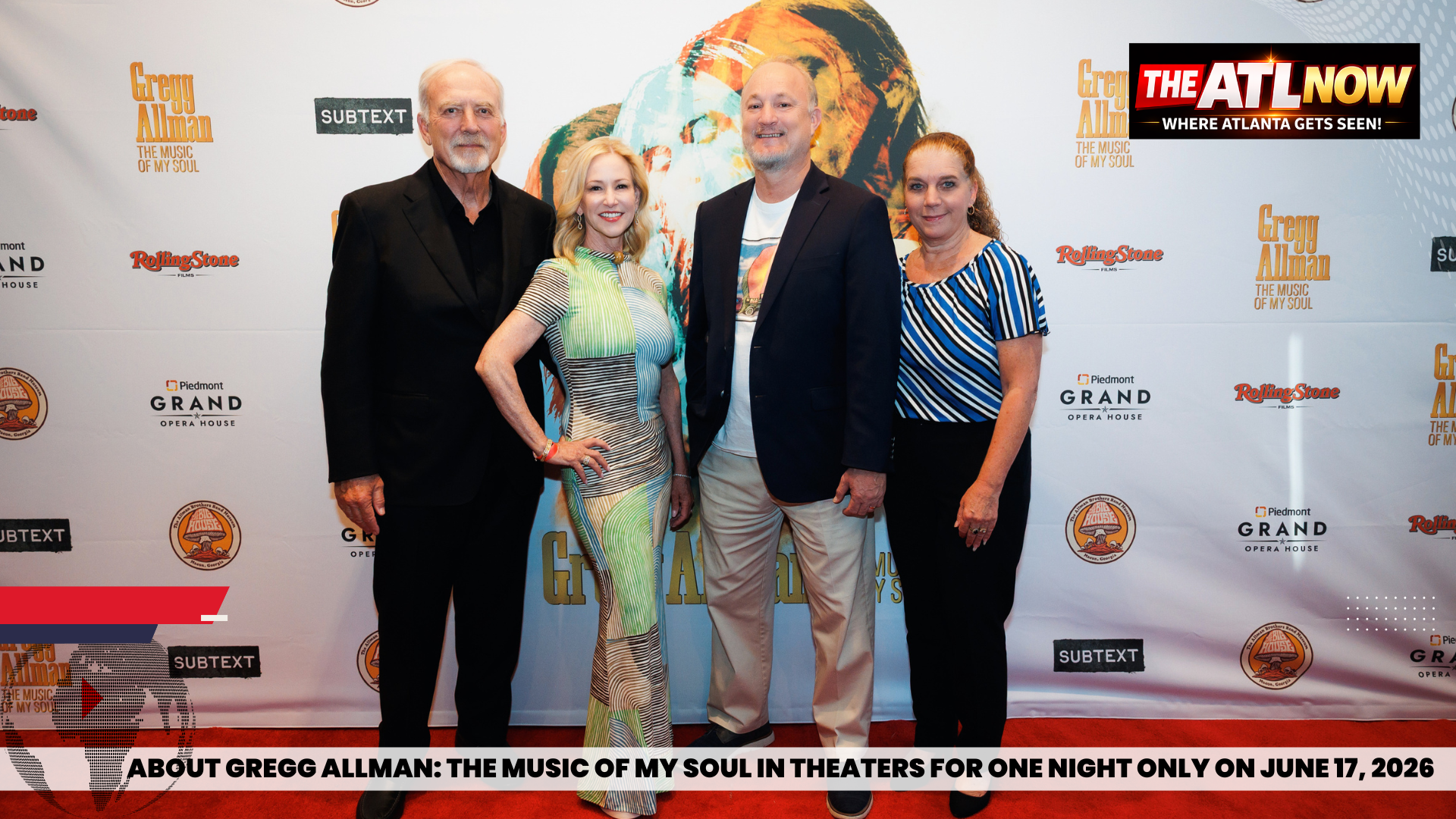 Four people posing on a red carpet at a film event with a backdrop and logo signs