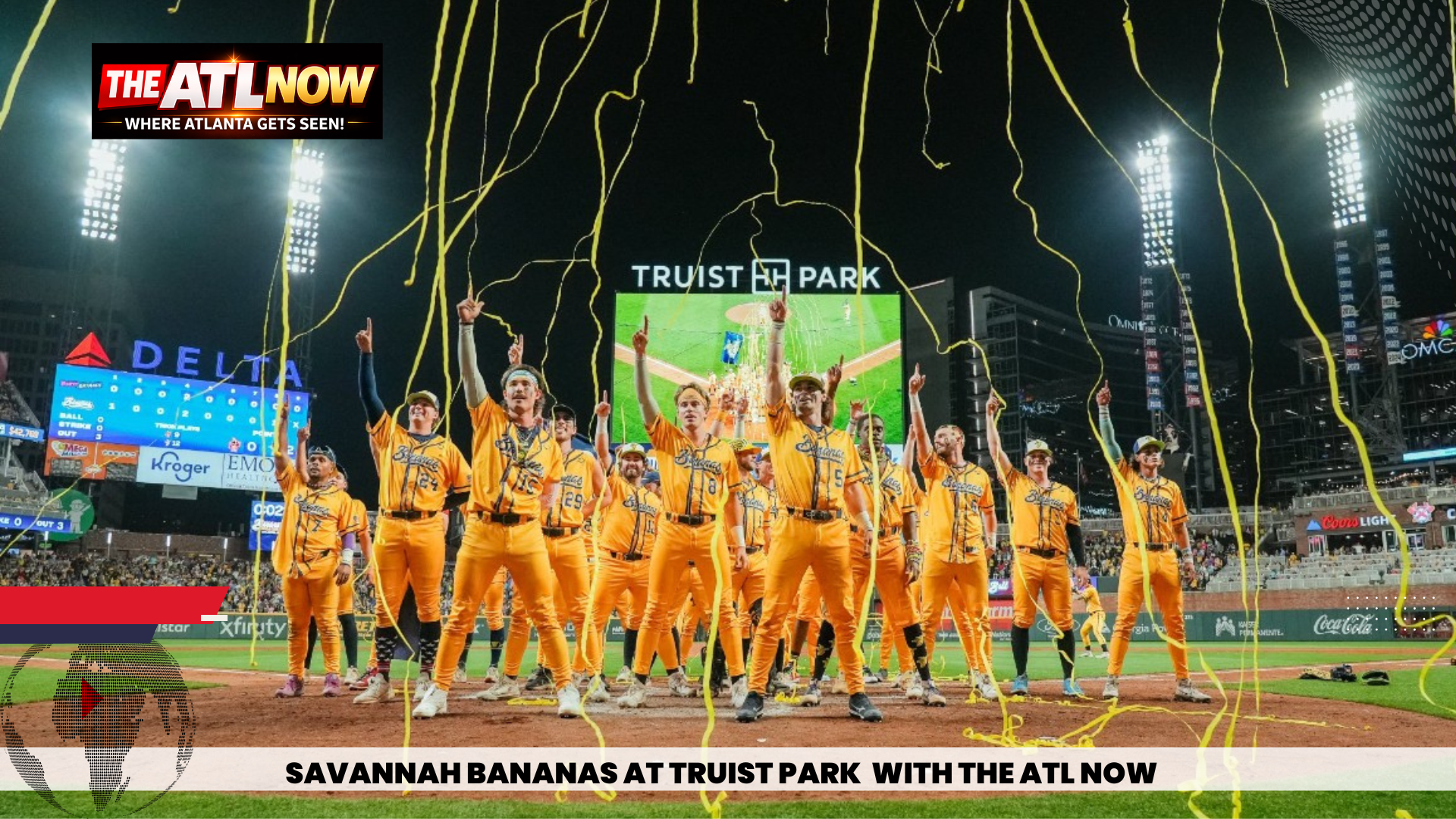 Savannah Bananas in bright yellow uniforms celebrating on a baseball field with streamers at Truist Park