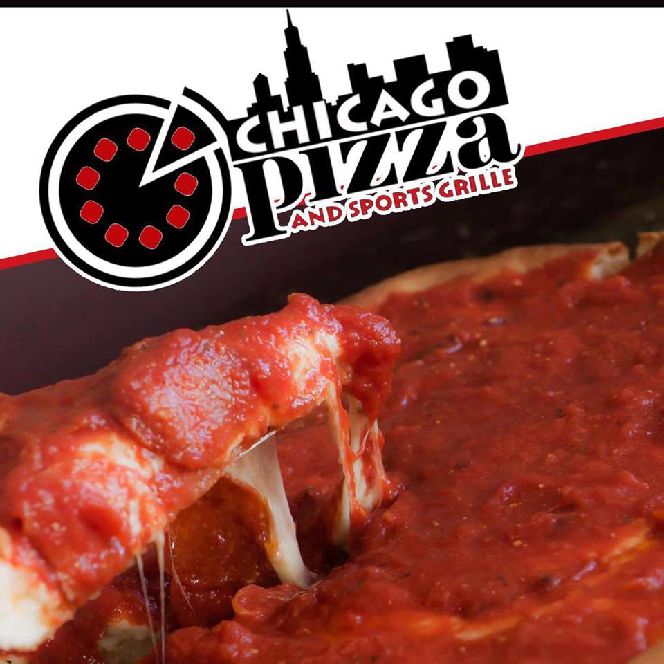 Chicago Pizza and Sports Grille logo next to a slice of deep-dish pizza with melted cheese and red sauce.