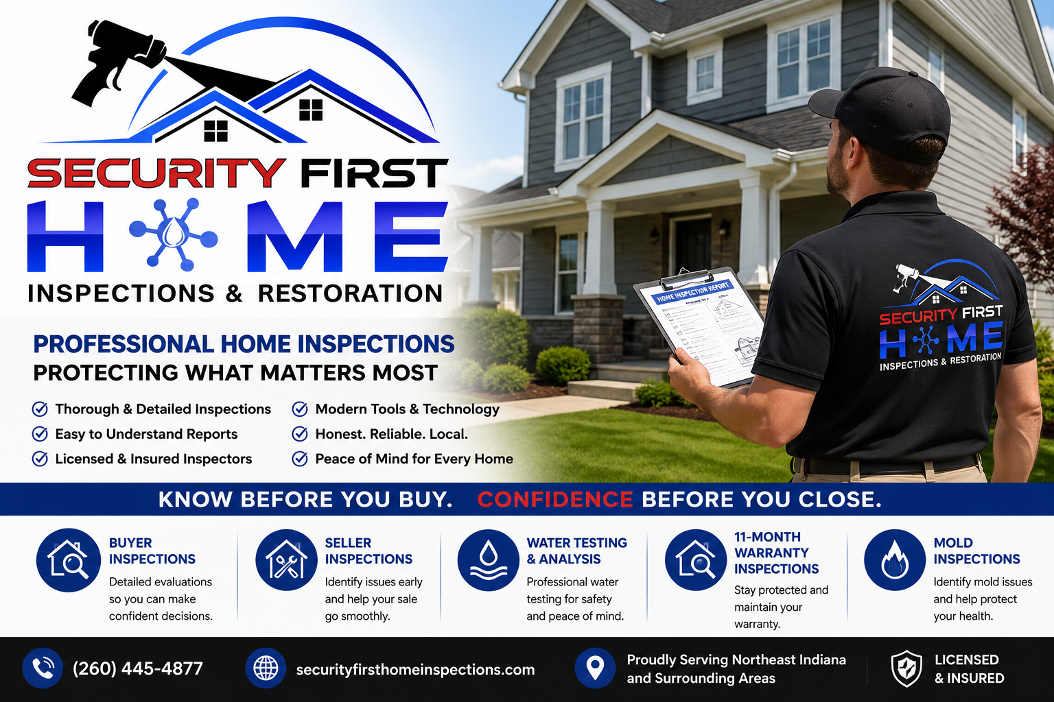 Security First Home inspections ad with inspector on ladder beside blue house and checklist graphic Security First Home inspections ad with inspector on ladder beside blue house and checklist graphic