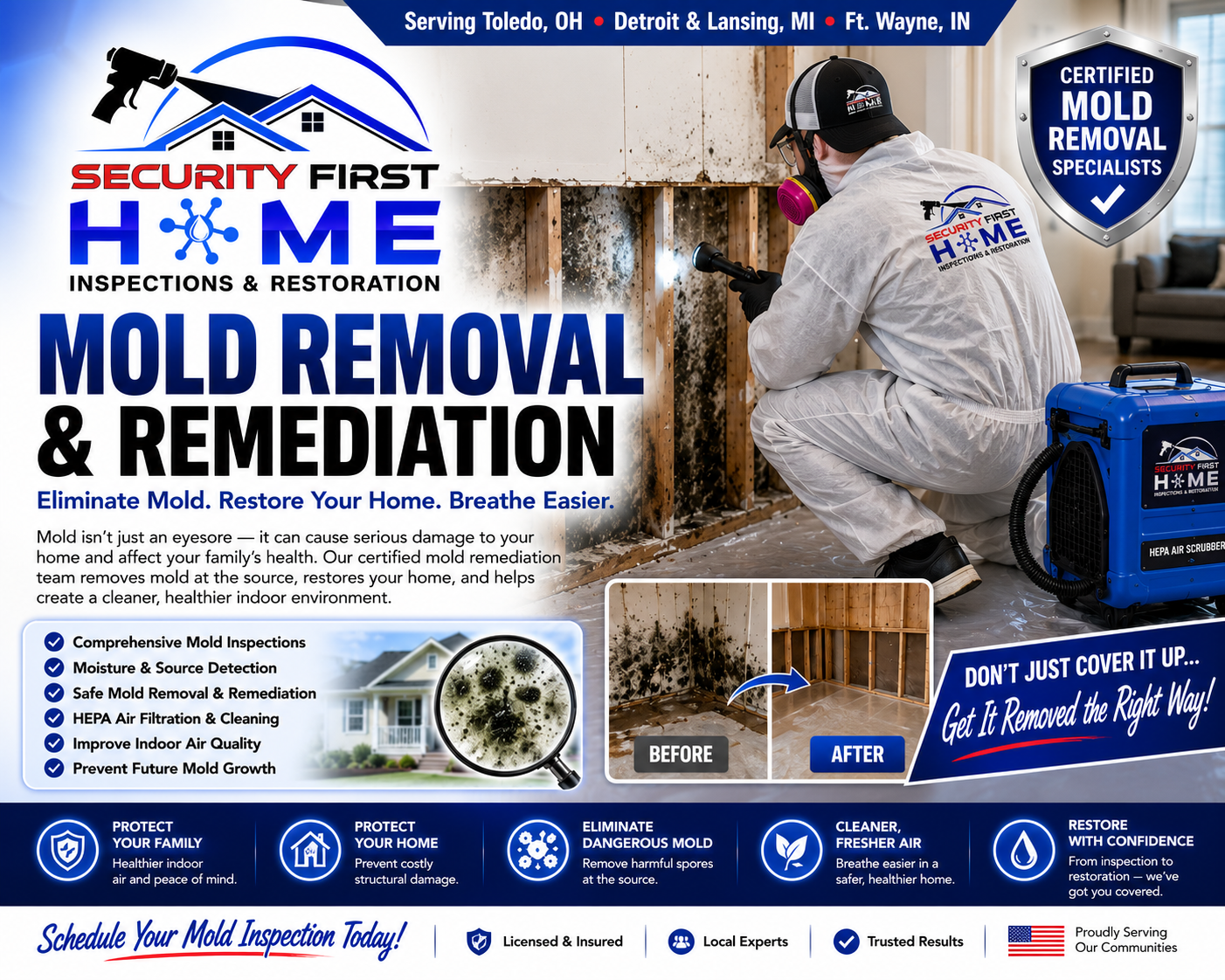 Mold removal and remediation ad with technician in white protective suit spraying mold inside a home.