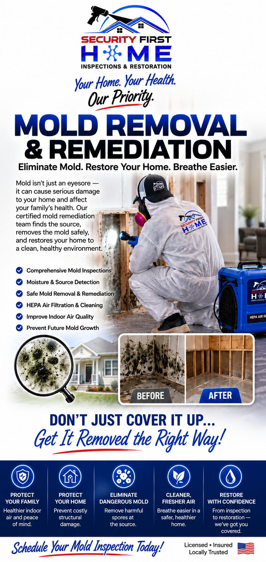 Mold removal and remediation ad with technician in white protective suit spraying mold inside a home.