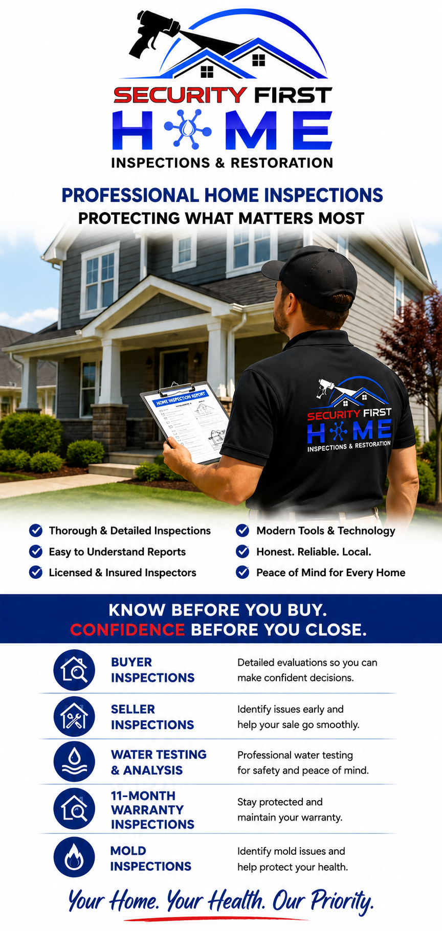 Security First Home inspections ad with inspector on ladder beside blue house and checklist graphic Security First Home inspections ad with inspector on ladder beside blue house and checklist graphic