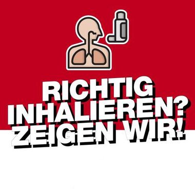 Instructional graphic: cartoon of person inhaling from inhaler, with text 