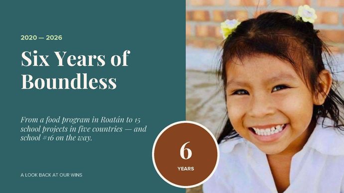 Teal anniversary graphic with smiling child and “Six Years of Boundless” text in a brown circle badge with 6 years