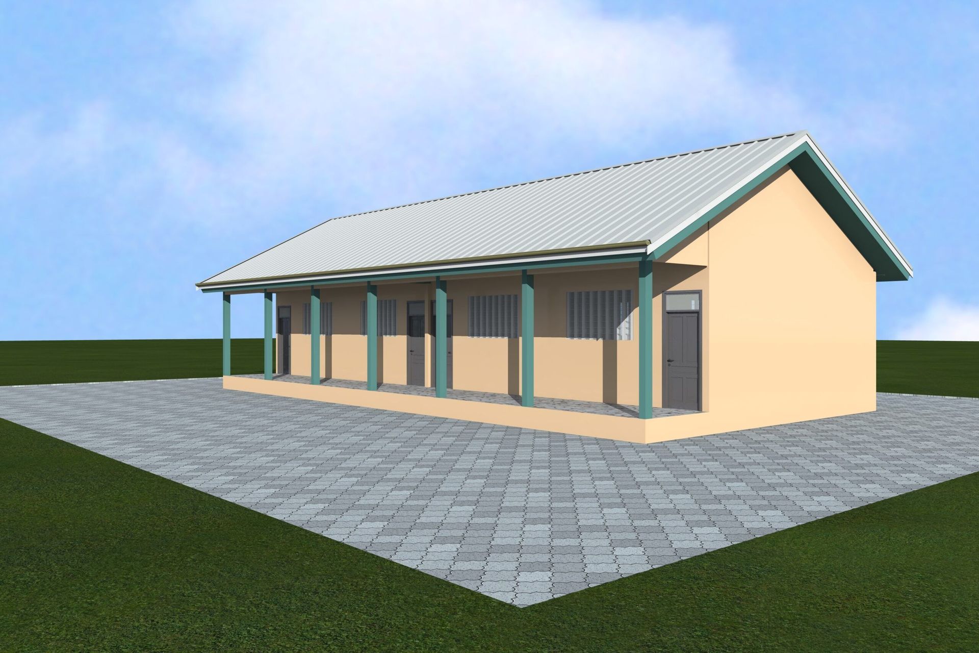 Small beige house with a green roof and front porch, set on a paved yard under a blue sky.
