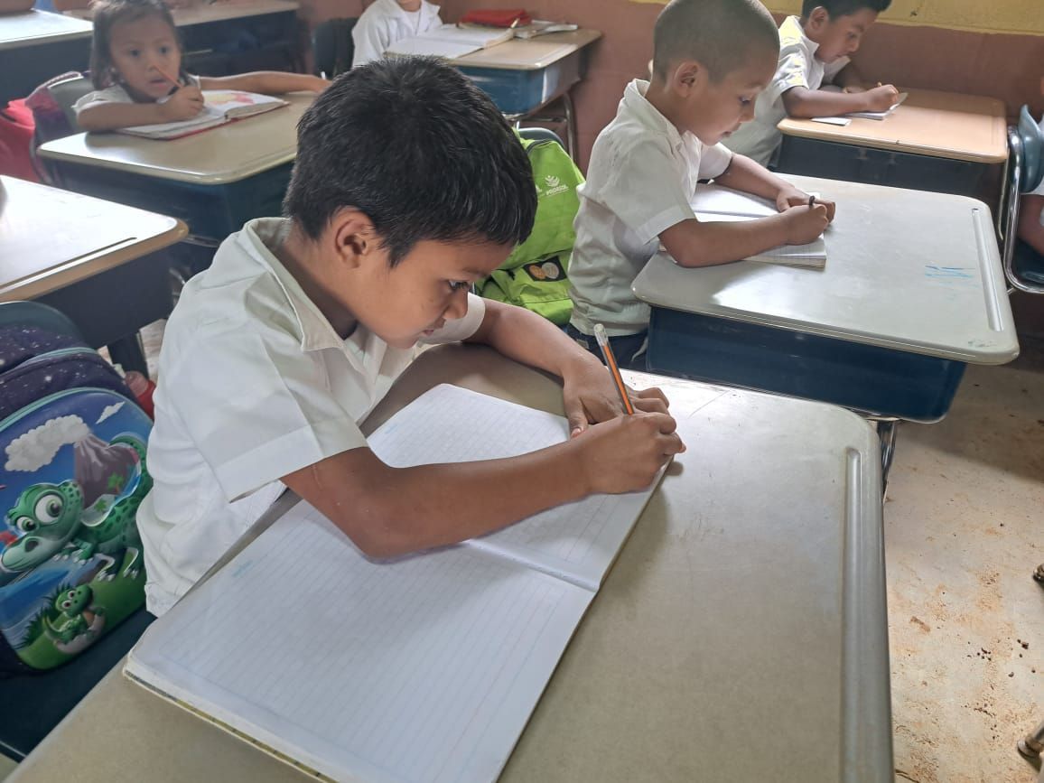 Children writing in notebooks at desks in a classroom.