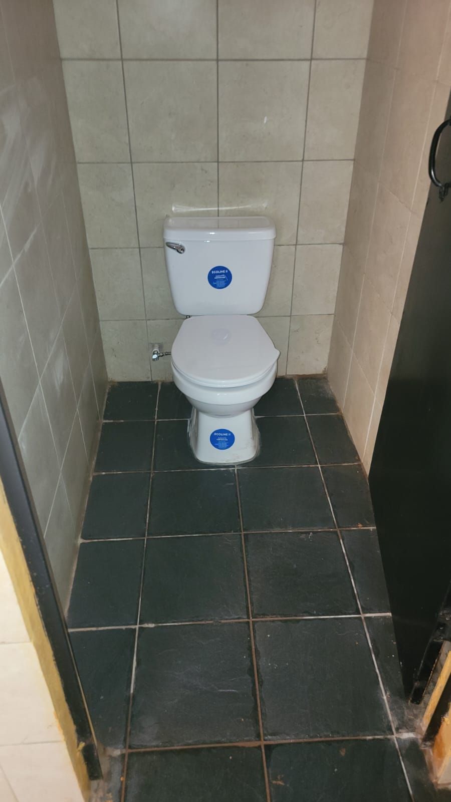 Small bathroom with a white toilet against beige tiled walls and dark floor tiles.