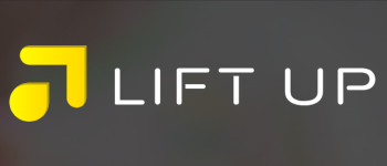 Yellow logo and white text “LIFT UP” on a dark gray background