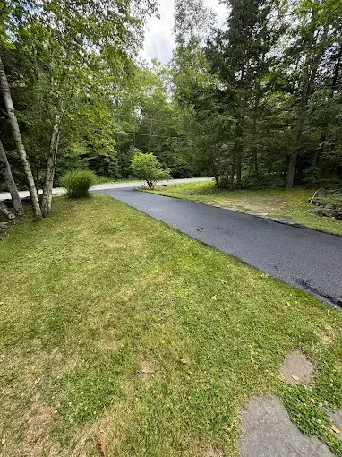 Curving paved path through a green wooded park with grass and trees on both sides