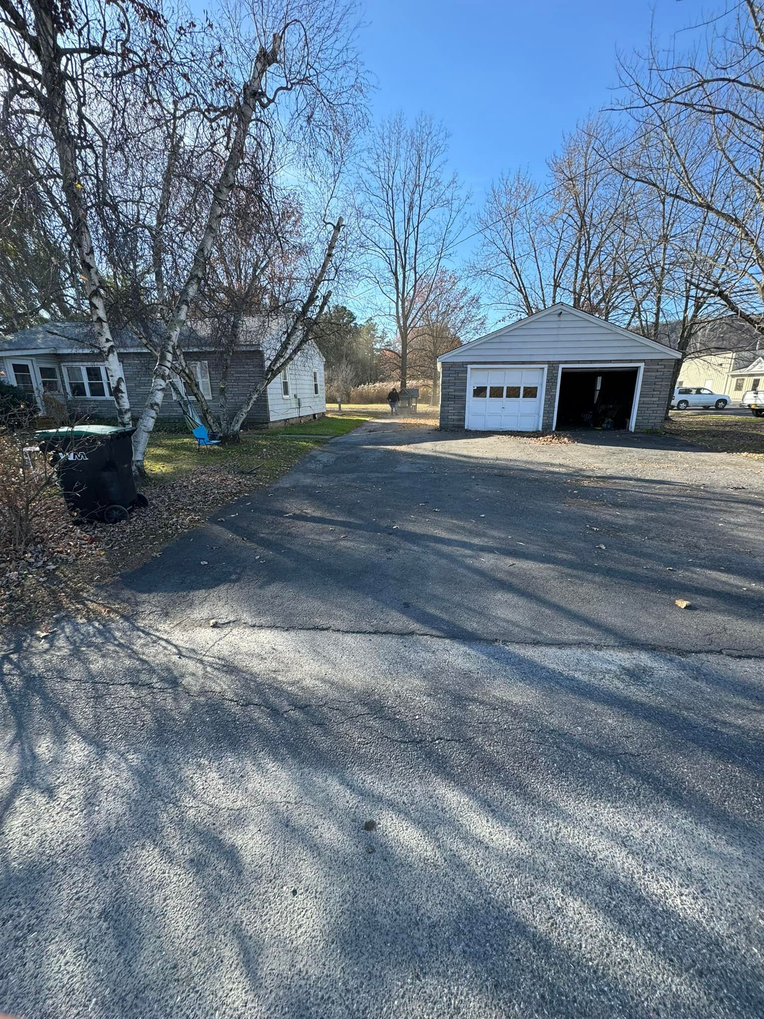 Residential driveway with leafless trees, a small house on the left, and a garage at the end under a blue sky