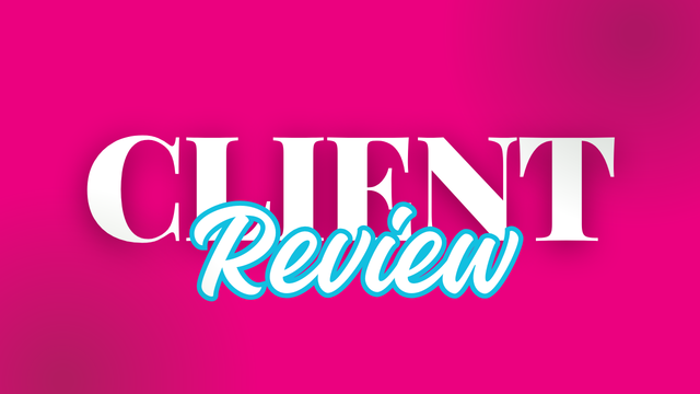 A pink background with the words client review written on it.