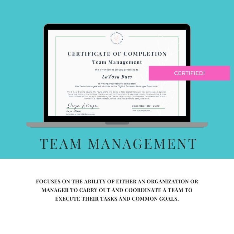 A laptop with a certificate of completion for team management