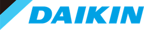 Le logo Daikin en caractères bleus avec des lignes diagonales bleues et noires.