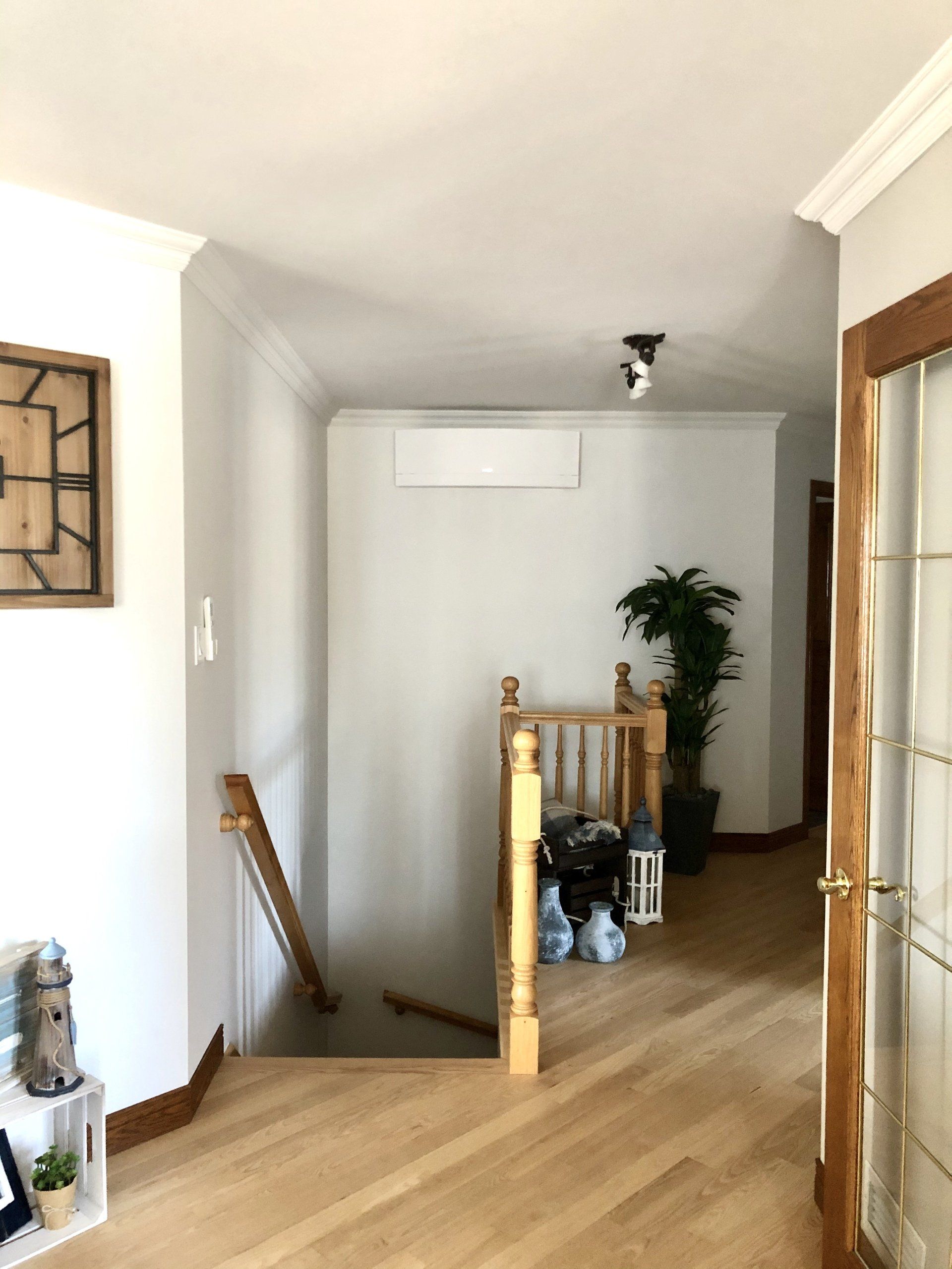 Couloir avec parquet, escalier et plante. Murs gris clair avec moulures blanches.