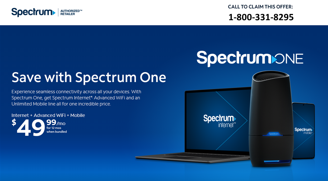 An advertisement for spectrum one shows a laptop and a router