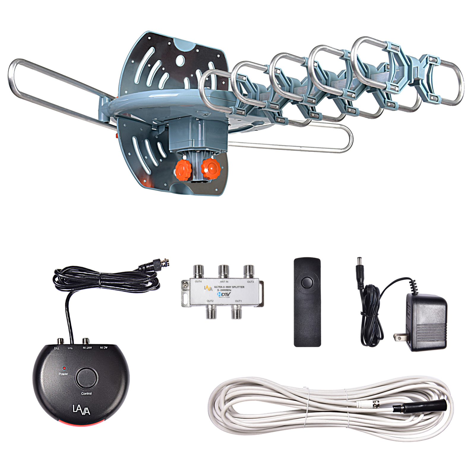 A picture of a satellite antenna with a remote control , a splitter , and a charger.