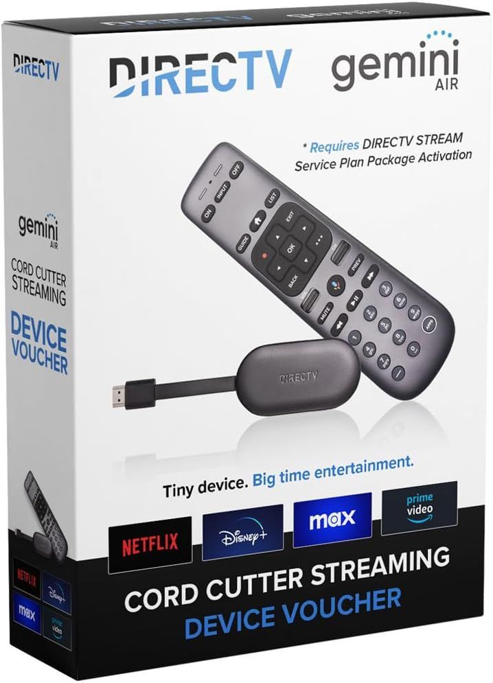 Box for DirectTV Gemini Air, with remote control and streaming device, advertising streaming services like Netflix and Max.