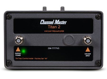 Channel Master Titan 2 black signal preamplifier with green power light and orange arrows on front panel