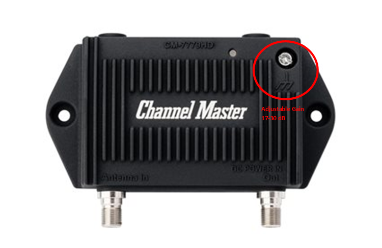 Black Channel Master device with a red-circled top-right screw and two silver connectors below