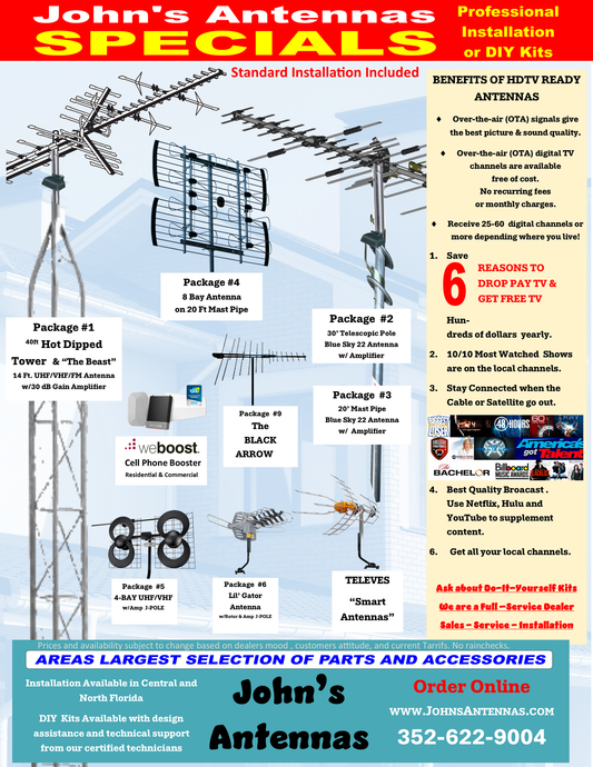 A flyer for John's Antennas and link to JohnsAntennas.com