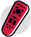 A red remote control with black buttons on a white background.