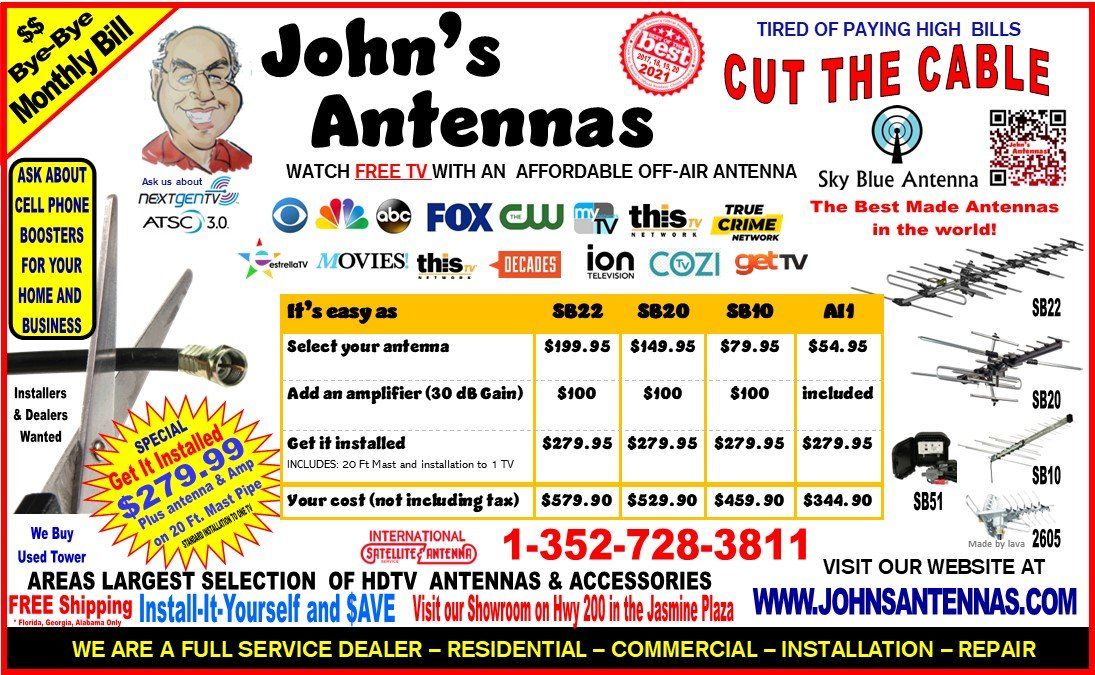 An advertisement for john 's antennas that says cut the cable